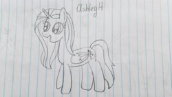 Size: 4032x2268 | Tagged: safe, artist:rainbow dash is best pony, alicorn, pony, ashleyh, lined paper, open mouth, pencil drawing, solo, traditional art