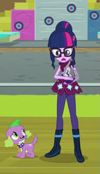 Size: 297x515 | Tagged: safe, screencap, sci-twi, spike, spike the regular dog, twilight sparkle, dog, equestria girls, friendship games, cropped, female, glasses, male, spike's dog collar