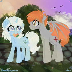 Size: 3000x3000 | Tagged: safe, artist:darkest-lunar-flower, oc, oc:dusk mane, oc:eula phi, bat pony, bird, unicorn, amused, cloud, flower, food, mango, mouth hold, park, playful, stone, sunset, tree, unamused