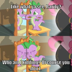 Size: 710x710 | Tagged: safe, derpibooru import, edit, edited screencap, screencap, gummy, pinkie pie, spike, dragon, earth pony, pony, party of one, ashamed, chair, embarrassed, fangs, female, funny, interrogation, looking good spike, male, mare, meme, mirror, nervous, poor spike, spotlight, text