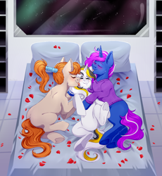 Size: 3000x3264 | Tagged: safe, artist:djkaskan, pony, unicorn, bedroom, eyes closed, flower, licking, polyamory, rose, rose petals, space, spaceship, tongue out