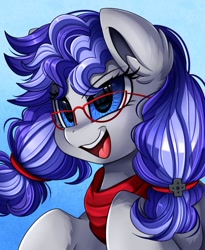 Size: 809x988 | Tagged: safe, artist:pridark, oc, oc only, oc:cinnabyte, pony, bandana, blue background, dedication, determine, female, glasses, head, mare, neckerchief, open mouth, simple background, smiling, solo