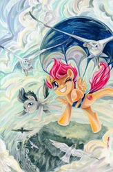 Size: 1179x1800 | Tagged: safe, artist:sararichard, idw, rumble, scootaloo, pegasus, pony, spoiler:comic, spoiler:comic81, colt, cover, female, filly, male, one eye closed, parachute, scootaloo can fly, skydiving