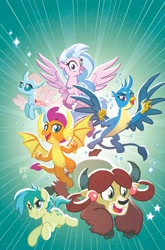 Size: 1186x1800 | Tagged: safe, artist:tonyfleecs, idw, gallus, ocellus, sandbar, silverstream, smolder, yona, changedling, changeling, classical hippogriff, dragon, earth pony, griffon, hippogriff, pony, yak, spoiler:comic, spoiler:comicfeatsoffriendship01, >:d, claws, cover, cute, diaocelles, diastreamies, dragoness, everfree northwest, female, flying, gallabetes, happy, male, paws, sandabetes, signature, smiling, smirk, smolderbetes, student six, sunburst background, teenager, yonadorable