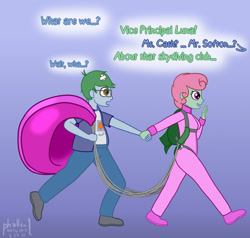 Size: 1134x1079 | Tagged: safe, artist:phallen1, oc, oc only, oc:software patch, oc:windcatcher, equestria girls, atg 2019, bandage, clothes, cutie mark clothes, dialogue, equestria girls-ified, holding hands, implied vice principal luna, jumpsuit, newbie artist training grounds, offscreen character, parachute, pulling, walking, windpatch