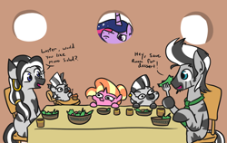 Size: 1020x643 | Tagged: safe, artist:jargon scott, luster dawn, princess twilight 2.0, twilight sparkle, twilight sparkle (alicorn), oc, oc:zizzie, alicorn, pony, unicorn, zebra, the last problem, baby, baby zebra, big brother is watching, disapproval, ear piercing, earring, food, jewelry, lustie, piercing, salad, tongue out, twiggie, twiggie 2.0, zebra oc