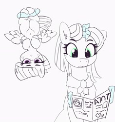 Size: 2924x3098 | Tagged: safe, artist:pabbley, clear sky, twilight sparkle, wind sprint, pegasus, pony, unicorn, belly button, duo, female, filly, freckles, glowing horn, horn, magic, mare, monochrome, mother and child, mother and daughter, neo noir, parent and child, partial color, reading, spread wings, telekinesis, twiggie, unamused, upside down, wings
