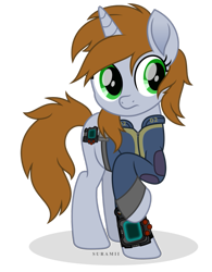 Size: 789x1012 | Tagged: safe, artist:suramii, oc, oc only, oc:littlepip, pony, unicorn, fallout equestria, my little pony: the movie, clothes, fanfic, fanfic art, female, hooves, horn, mare, movie accurate, pipbuck, raised hoof, simple background, solo, transparent background, vault suit, vector