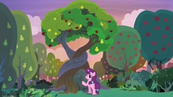 Size: 1920x1080 | Tagged: safe, screencap, sugar belle, pony, the big mac question, apple, apple tree, food, intertwined trees, pear tree, solo, tree