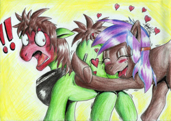 Size: 2335x1655 | Tagged: safe, artist:3500joel, oc, oc only, oc:pencil sketch, pegasus, pony, blushing, butt touch, butthug, exclamation point, faceful of ass, heart, hug, male, shocked, stallion, surprised, wide eyes