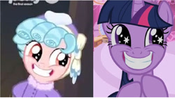 Size: 1192x671 | Tagged: safe, screencap, cozy glow, twilight sparkle, pegasus, pony, frenemies (episode), lesson zero, comparison, cozy glow is best facemaker, faic, female, filly, foal, starry eyes, wingding eyes