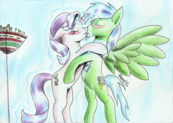 Size: 2335x1659 | Tagged: safe, artist:3500joel, oc, pegasus, pony, unicorn, blushing, canon x oc, female, kamisama temple, kissing, levitation, magic, male, mare, self-levitation, shipping, stallion, straight, telekinesis, traditional art