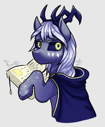 Size: 403x487 | Tagged: safe, artist:magicstarfriends, pony, aaravos, anime, blue sclera, book, cloak, clothes, colored sclera, golden eyes, gray background, horns, male, ponified, simple background, solo, stallion, startouch elf, the dragon prince