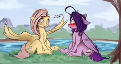 Size: 2820x1501 | Tagged: safe, artist:miokomata, fluttershy, oc, oc:dazzling talents, alicorn, butterfly, pegasus, pony, alicorn oc, blushing, coming out, dialogue, duo, female, freckles, i'm gay, lesbian, mare