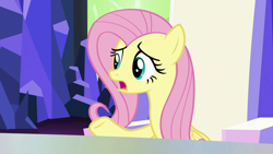 Size: 1920x1080 | Tagged: safe, screencap, fluttershy, pegasus, pony, the last laugh, cutie map, female, mare, open mouth, raised hoof, solo