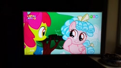 Size: 680x383 | Tagged: safe, screencap, apple bloom, cozy glow, pegasus, pony, marks for effort, female, filly, picture of a screen, television