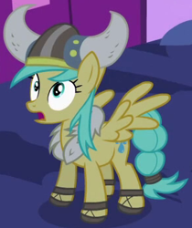 Size: 293x348 | Tagged: safe, screencap, sunshower raindrops, pegasus, pony, luna eclipsed, background pony, clothes, costume, cropped, female, helmet, horned helmet, mare, nightmare night costume, outfit catalog, solo, spread wings, viking, viking helmet, wings