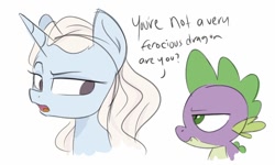 Size: 750x450 | Tagged: safe, artist:herfaithfulstudent, spike, dragon, pony, unicorn, daenerys targaryen, game of thrones, ponified, simple background, sketch, spike is not amused, text, unamused