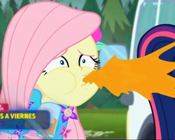 Size: 1214x972 | Tagged: safe, edit, edited screencap, screencap, fluttershy, sci-twi, twilight sparkle, better together, equestria girls, sunset's backstage pass!, clothes, cropped, solo focus, spit take