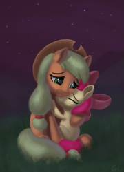 Size: 2093x2903 | Tagged: safe, artist:coldmix, derpibooru import, apple bloom, applejack, earth pony, pony, adorabloom, cute, duo, female, hug, jackabetes, night, sisterly love, sisters