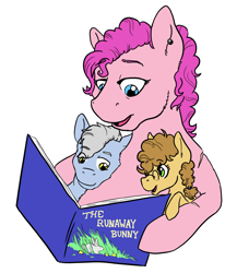 Size: 1446x1669 | Tagged: safe, artist:phobicalbino, pinkie pie, oc, oc:granite harrison rock, oc:panini patricia pie, earth pony, pony, book, colt, female, filly, foal, half-siblings, male, mare, mother and child, offspring, parent and child, parent:cheese sandwich, parent:pinkie pie, parent:pokey pierce, parents:cheesepie, parents:pokeypie, reading, simple background, the runaway bunny, white background