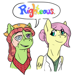 Size: 1800x1800 | Tagged: safe, artist:phobicalbino, fluttershy, tree hugger, earth pony, pegasus, pony, bandana, blind eye, clothes, doctor fluttershy, duo, facial scar, female, hair bun, mare, medic, scar, simple background, speech bubble, white background