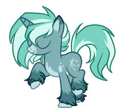 Size: 878x758 | Tagged: safe, artist:melodysweetheart, artist:the-blackeye, oc, oc only, oc:hoarfrost gleam, pony, unicorn, base used, eyes closed, female, happy, mare, simple background, snow, snowflake, solo, sparkles, unshorn fetlocks, white background