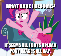 Size: 616x572 | Tagged: safe, edit, edited screencap, screencap, pinkie pie, earth pony, pony, fame and misfortune, caption, cropped, image macro, solo, text