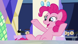 Size: 1920x1080 | Tagged: safe, screencap, pinkie pie, earth pony, pony, the last laugh, cutie map, female, mare, open mouth, sitting, smiling, solo