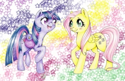 Size: 1111x719 | Tagged: safe, artist:sushicow, fluttershy, twilight sparkle, pegasus, pony, blushing, looking at each other, saddle bag, traditional art