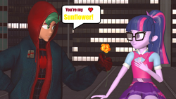 Size: 2560x1440 | Tagged: safe, artist:wolfthepredator, sci-twi, timber spruce, twilight sparkle, equestria girls, female, flower, male, miles morales, shipping, speech bubble, spider-man, spider-man: into the spider-verse, straight, sunflower, timbertwi