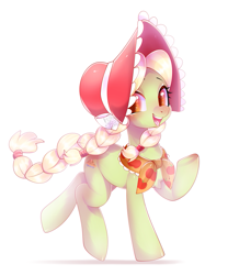 Size: 747x900 | Tagged: safe, artist:snow angel, granny smith, earth pony, pony, female, looking at you, looking sideways, mare, open mouth, simple background, smiling, solo, white background, young granny smith, younger