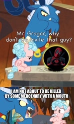 Size: 500x838 | Tagged: safe, edit, edited screencap, screencap, cozy glow, grogar, human, pegasus, pony, the beginning of the end, comic, cozybuse, crystal ball, deadpool, female, filly, freckles, grogar's crystal ball meme, male, meme, screencap comic