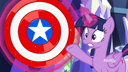 Size: 1920x1080 | Tagged: safe, edit, edited screencap, screencap, twilight sparkle, twilight sparkle (alicorn), alicorn, pony, sounds of silence, captain america, female, glowing horn, horn, magic, mare, marvel comics, shield, telekinesis