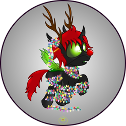 Size: 5000x5000 | Tagged: safe, artist:lakword, oc, oc:crypto, changeling, christmas, christmas changeling, christmas lights, green changeling, holiday, red nose, rudolph the red nosed reindeer, silly, solo, surprised, tangled up