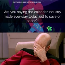 Size: 710x710 | Tagged: safe, edit, edited screencap, screencap, pinkie pie, better together, equestria girls, sunset's backstage pass!, captain picard, disappointed, enterprise bridge, facepalm, female, funny, male, meme, memeception, night, shocked, star trek, star trek: the next generation