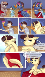 Size: 1824x3108 | Tagged: safe, artist:xjenn9fusion, oc, oc:aerial agriculture, oc:earthing elements, oc:king speedy hooves, oc:tommy the human, alicorn, human, pony, comic:fusing the fusions, comic:time of the fusions, alicorn oc, alicorn princess, canterlot, canterlot castle, child, comic, commissioner:bigonionbean, dialogue, father and child, father and son, female, fusion, fusion:aerial agriculture, fusion:earthing elements, fusion:king speedy hooves, grandparents, hat, hugging a pony, human oc, human to pony, husband and wife, kissing, magic, male, mare, nuzzling, parent and child, royalty, ruffled hair, sneezing, stallion, transformation, writer:bigonionbean