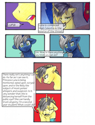 Size: 1950x2550 | Tagged: safe, artist:tillie-tmb, oc, oc only, oc:alistor, oc:tempest, pony, unicorn, comic:the amulet of shades, female, male, mare, stallion, traditional art