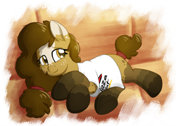 Size: 3500x2500 | Tagged: safe, artist:litrojia, oc, oc only, oc:pencil test, earth pony, pony, abstract background, clothes, colored pupils, female, freckles, lidded eyes, mare, messy mane, on side, pizza hut, shirt, sideways glance, simple background, smiling, sofa, solo, tail wrap, tired, transparent background, underhoof, vulgar