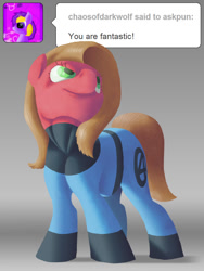 Size: 600x800 | Tagged: safe, artist:crispokefan, oc, oc:pun, earth pony, pony, ask, ask pun, clothes, cosplay, costume, fantastic four, female, mare, solo