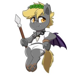 Size: 4093x4093 | Tagged: safe, artist:jcosneverexisted, oc, oc only, oc:night striker, bat pony, pony, my little pony: pony life, clothes, ggwealons, greek, laurels, looking at you, male, sandals, simple background, sitting, solo, spear, transparent background, unshorn fetlocks, weapon