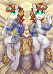 Size: 1200x1680 | Tagged: safe, artist:hobbes-maxwell, oc, oc only, oc:littlepip, pony, semi-anthro, unicorn, fallout equestria, body pillow, body pillow design, bottle, butt, clothes, fanfic, fanfic art, female, grin, hooves, horn, human shoulders, lying down, mare, open mouth, pipbuck, plot, smiling, solo, stable-tec, vault suit