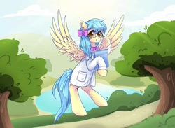 Size: 1477x1080 | Tagged: safe, artist:安雅, oc, oc only, oc:lrivulet, oc:左岸, pegasus, pony, bow, clothes, doctor, flying, glasses, hair bow, lab coat, lake, looking at you, pegasus oc, solo, tree