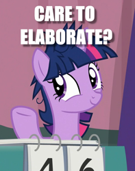 Size: 624x791 | Tagged: safe, edit, edited screencap, screencap, twilight sparkle, twilight sparkle (alicorn), alicorn, a trivial pursuit, caption, cropped, image macro, messy mane, solo, text