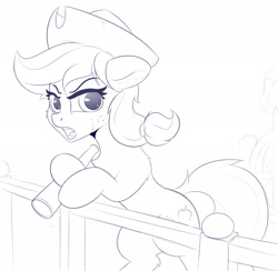 Size: 2660x2592 | Tagged: safe, artist:anti1mozg, derpibooru import, applejack, earth pony, pony, clothes, female, freckles, hat, lineart, looking at you, open mouth, pirate, pirate hat, scarf, sketch, spyglass