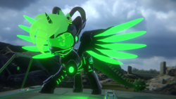 Size: 3840x2160 | Tagged: safe, artist:phoenixtm, oc, oc:phoenix stardash, alicorn, cyborg, dracony, dragon, hybrid, pony, 3d, angry, battle stance, dracony alicorn, energy weapon, helmet, looking at you, mask, spread wings, timber dracony, unity (game engine), visor, weapon, wings