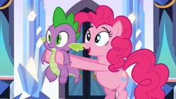 Size: 853x480 | Tagged: safe, derpibooru import, screencap, pinkie pie, spike, dragon, earth pony, pony, the crystal empire, crystal empire, cute, female, happy, holding a dragon, male, mare