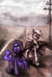 Size: 1280x1875 | Tagged: safe, artist:limreiart, oc, oc only, unicorn, zebra, bracelet, cape, clothes, fallout, female, jewelry, mare, wasteland