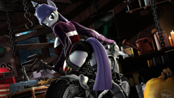 Size: 3840x2160 | Tagged: safe, artist:whiteskyline, maud pie, anthro, earth pony, plantigrade anthro, pony, 3d, bucket, candle, chains, duct tape, engine, female, helmet, looking at you, moon, motorcycle, not amused face, pumpkin, solo, source filmmaker, tape, toolbox