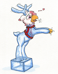 Size: 1200x1531 | Tagged: safe, artist:icaron, oc, oc only, oc:foxxy hooves, deer, hippogriff, reindeer, antlers, fused legs, harness, ice sculpture, inanimate tf, petrification, tack, traditional art, transformation